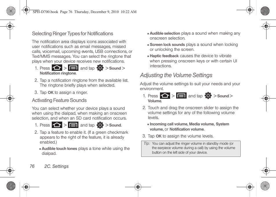 Adjusting the volume settings | Samsung OPH-D700ZKMSPR User Manual | Page 90 / 282