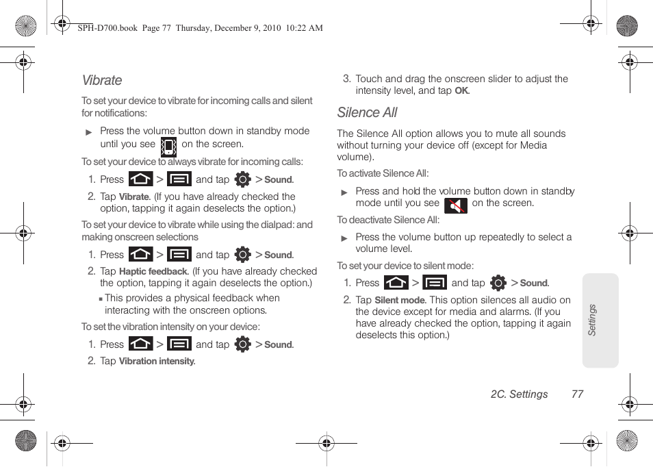 Vibrate, Silence all | Samsung OPH-D700ZKMSPR User Manual | Page 91 / 282