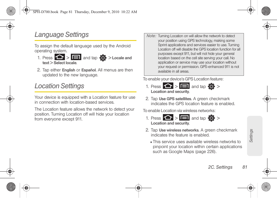 Language settings, Location settings, Language settings location settings | Samsung OPH-D700ZKMSPR User Manual | Page 95 / 282