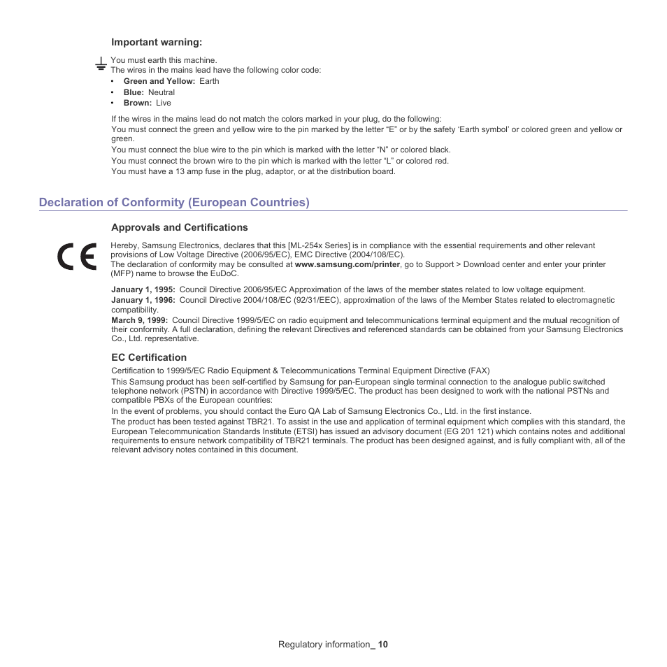 Declaration of conformity (european countries) | Samsung ML-2540-XAA User Manual | Page 10 / 66