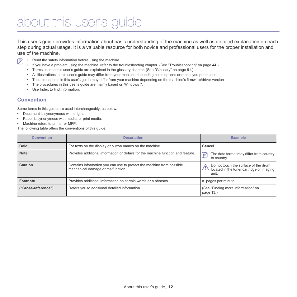 About this user’s guide, Convention | Samsung ML-2540-XAA User Manual | Page 12 / 66