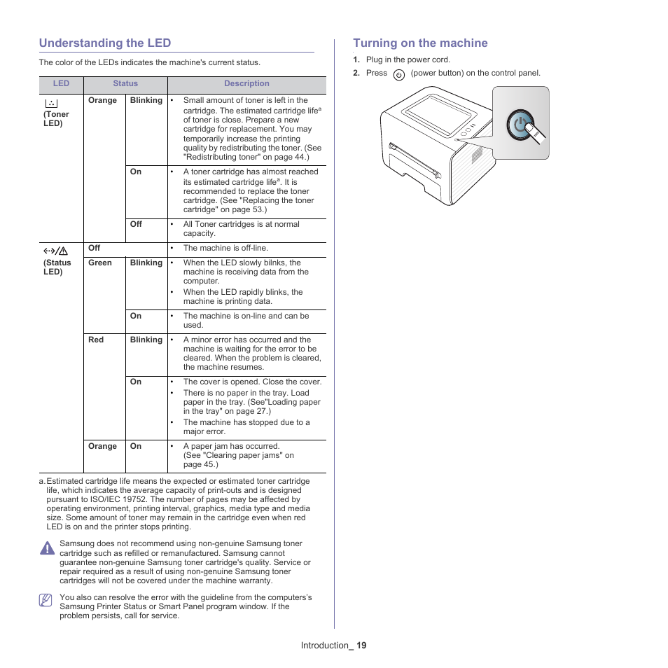 Understanding the led, Turning on the machine | Samsung ML-2540-XAA User Manual | Page 19 / 66