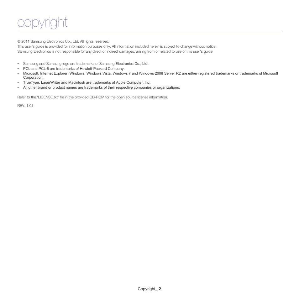 Copyright | Samsung ML-2540-XAA User Manual | Page 2 / 66