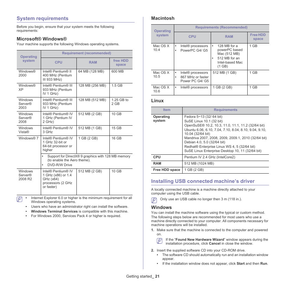 System requirements, Installing usb connected machine’s driver, Microsoft® windows | Macintosh, Linux, Windows | Samsung ML-2540-XAA User Manual | Page 21 / 66