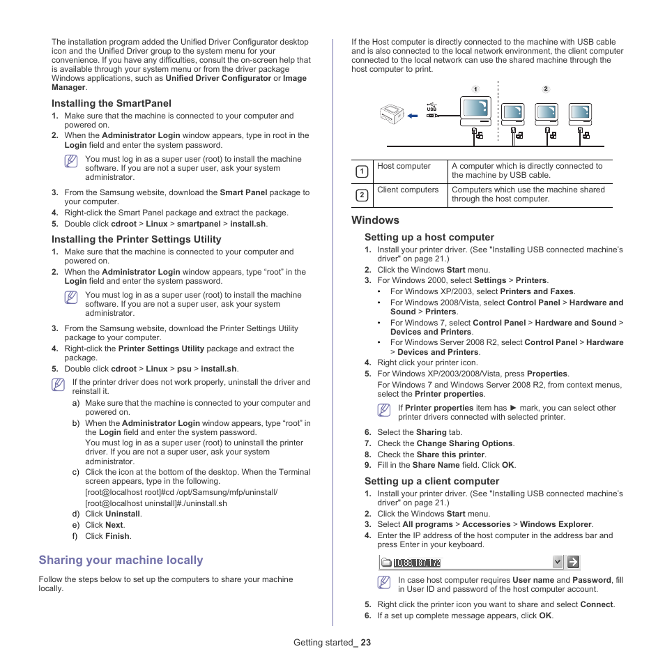 Sharing your machine locally, Windows, Installing the smartpanel | Installing the printer settings utility, Setting up a host computer, Setting up a client computer | Samsung ML-2540-XAA User Manual | Page 23 / 66