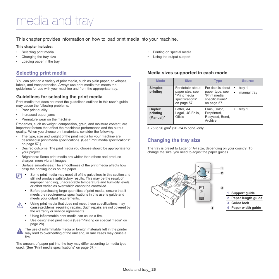 Media and tray, Selecting print media, Changing the tray size | Guidelines for selecting the print media, Media sizes supported in each mode | Samsung ML-2540-XAA User Manual | Page 26 / 66