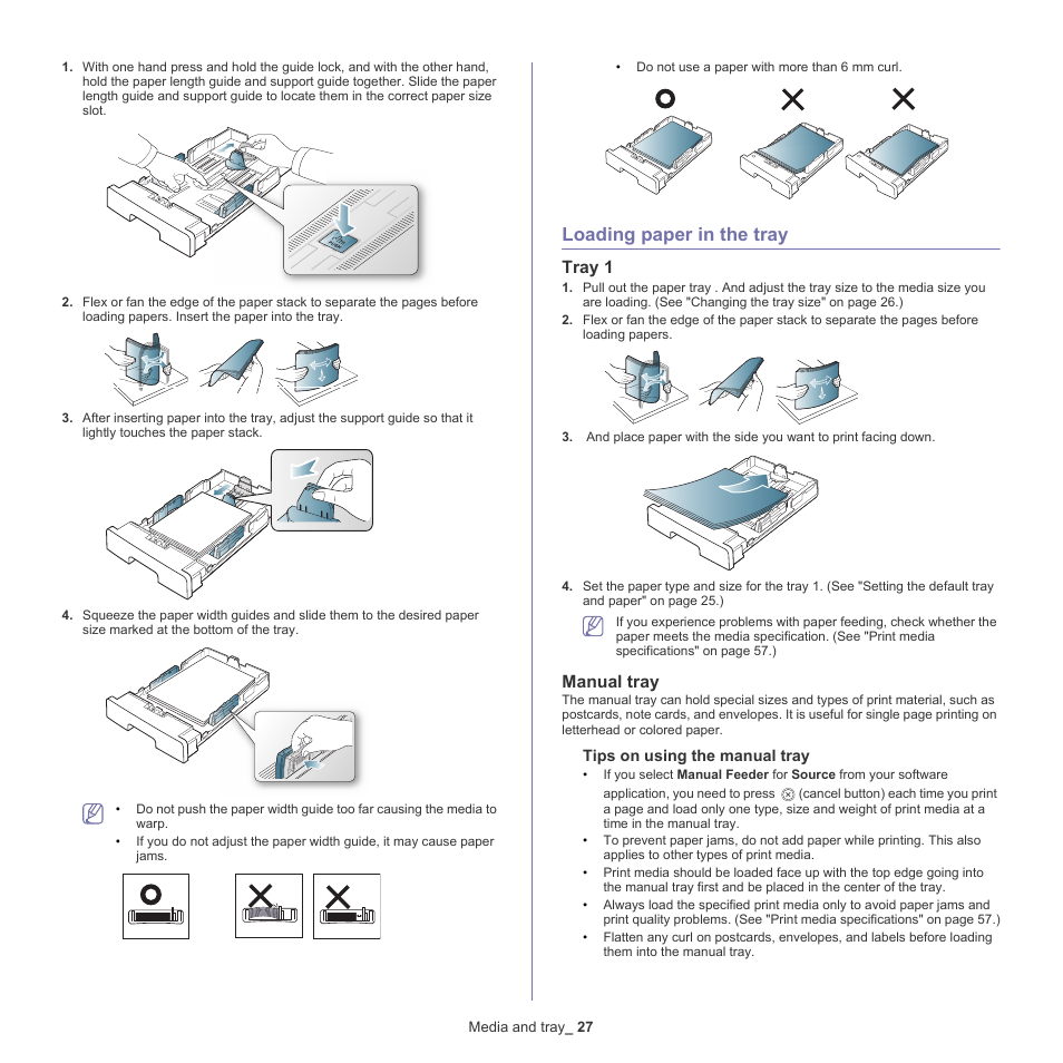 Loading paper in the tray, See"loading paper, Tray 1 | Manual tray | Samsung ML-2540-XAA User Manual | Page 27 / 66