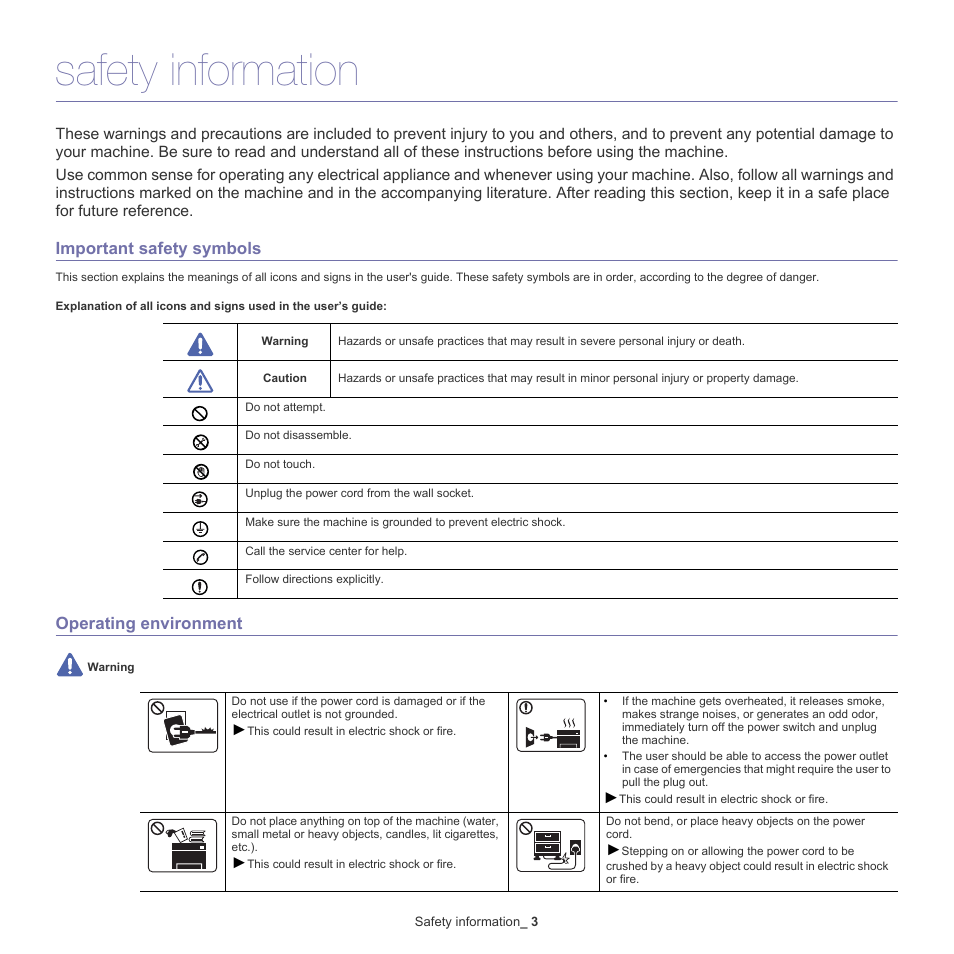 Safety information, Important safety symbols, Operating environment | Samsung ML-2540-XAA User Manual | Page 3 / 66