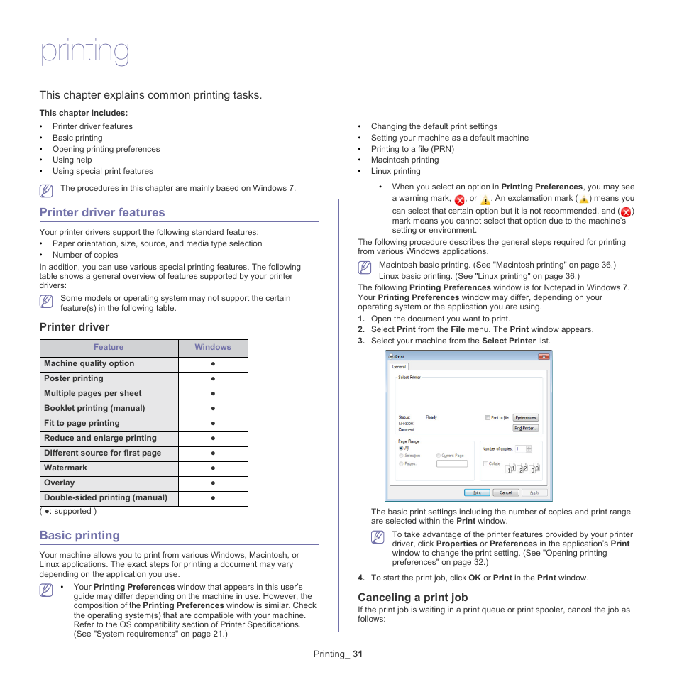 Printing, Printer driver features, Basic printing | This chapter explains common printing tasks, Printer driver, Canceling a print job | Samsung ML-2540-XAA User Manual | Page 31 / 66