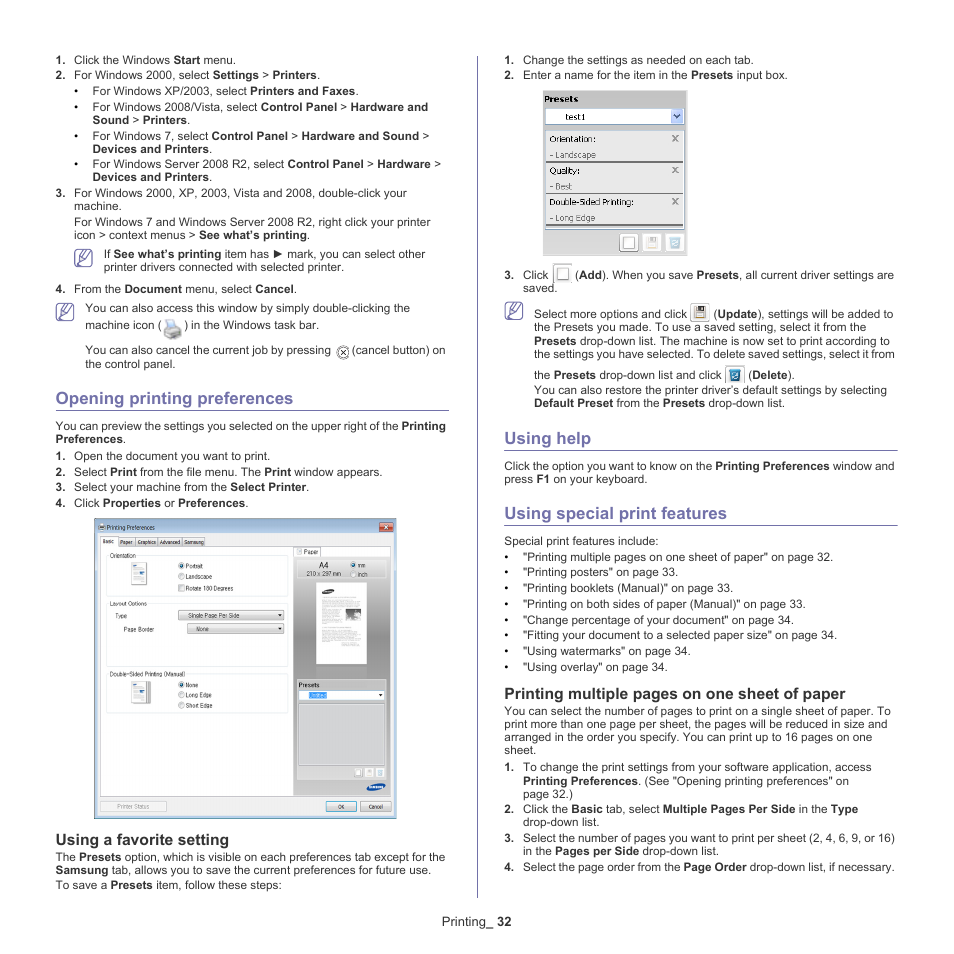Opening printing preferences, Using help, Using special print features | Opening printing preferences" on, Opening printing, Using a favorite setting, Printing multiple pages on one sheet of paper | Samsung ML-2540-XAA User Manual | Page 32 / 66