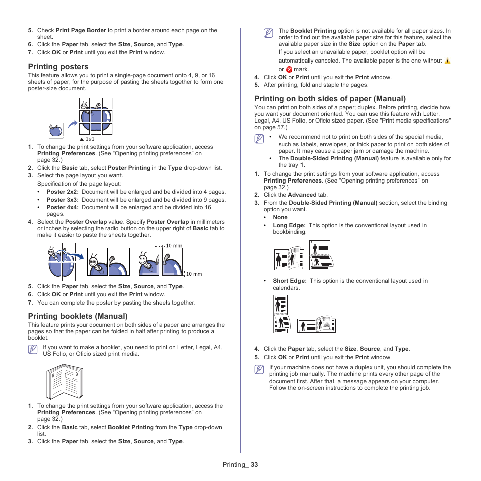 Printing on both sides of paper (manual)" on, Printing posters, Printing booklets (manual) | Printing on both sides of paper (manual) | Samsung ML-2540-XAA User Manual | Page 33 / 66