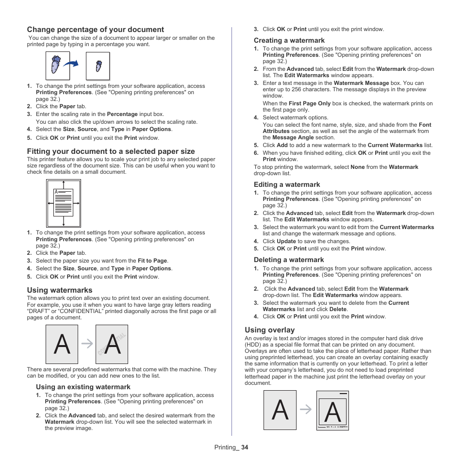 Using watermarks" on, Change percentage of your document, Fitting your document to a selected paper size | Using watermarks, Using overlay | Samsung ML-2540-XAA User Manual | Page 34 / 66