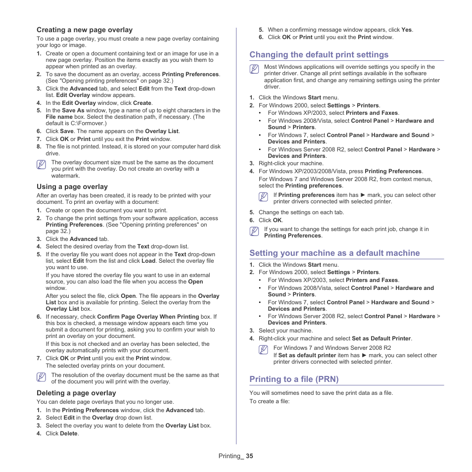 Changing the default print settings, Setting your machine as a default machine, Printing to a file (prn) | Samsung ML-2540-XAA User Manual | Page 35 / 66