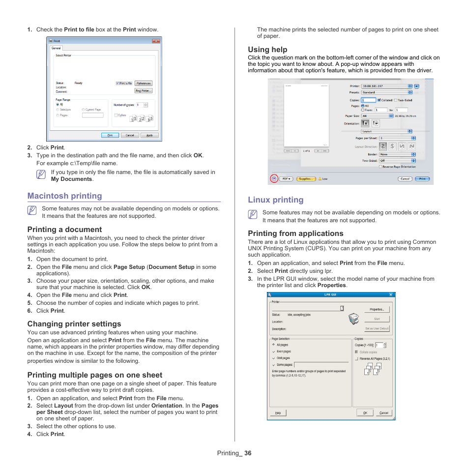 Macintosh printing, Linux printing, Printing a document | Changing printer settings, Printing multiple pages on one sheet, Using help, Printing from applications | Samsung ML-2540-XAA User Manual | Page 36 / 66