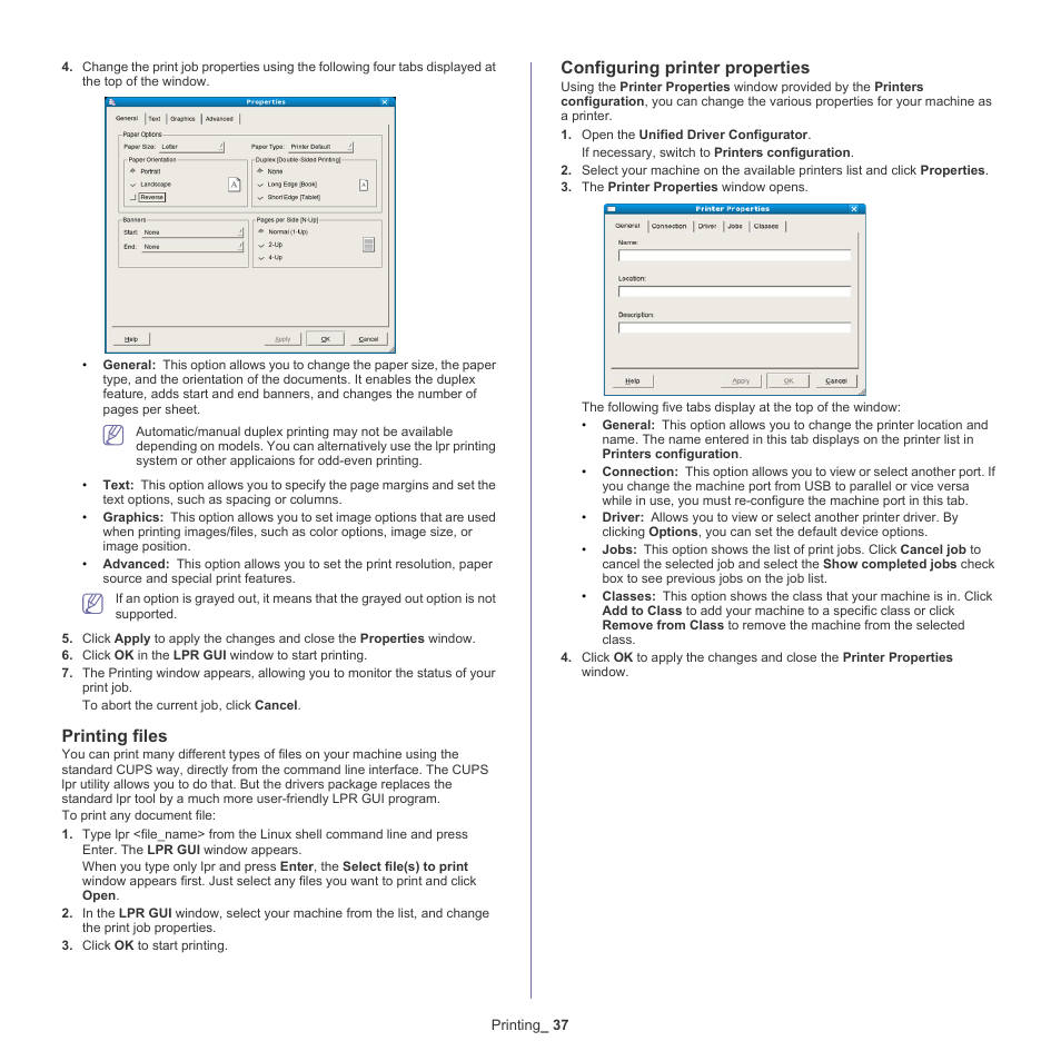 Printing files, Configuring printer properties | Samsung ML-2540-XAA User Manual | Page 37 / 66