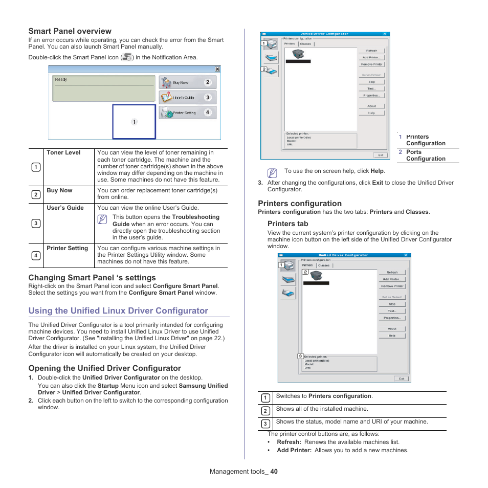 Using the unified linux driver configurator, Smart panel overview, Changing smart panel ‘s settings | Opening the unified driver configurator, Printers configuration, Printers tab | Samsung ML-2540-XAA User Manual | Page 40 / 66