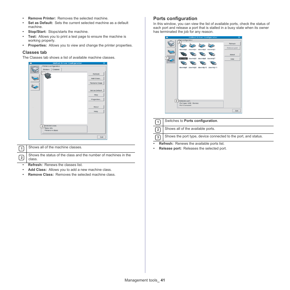 Ports configuration, Classes tab | Samsung ML-2540-XAA User Manual | Page 41 / 66