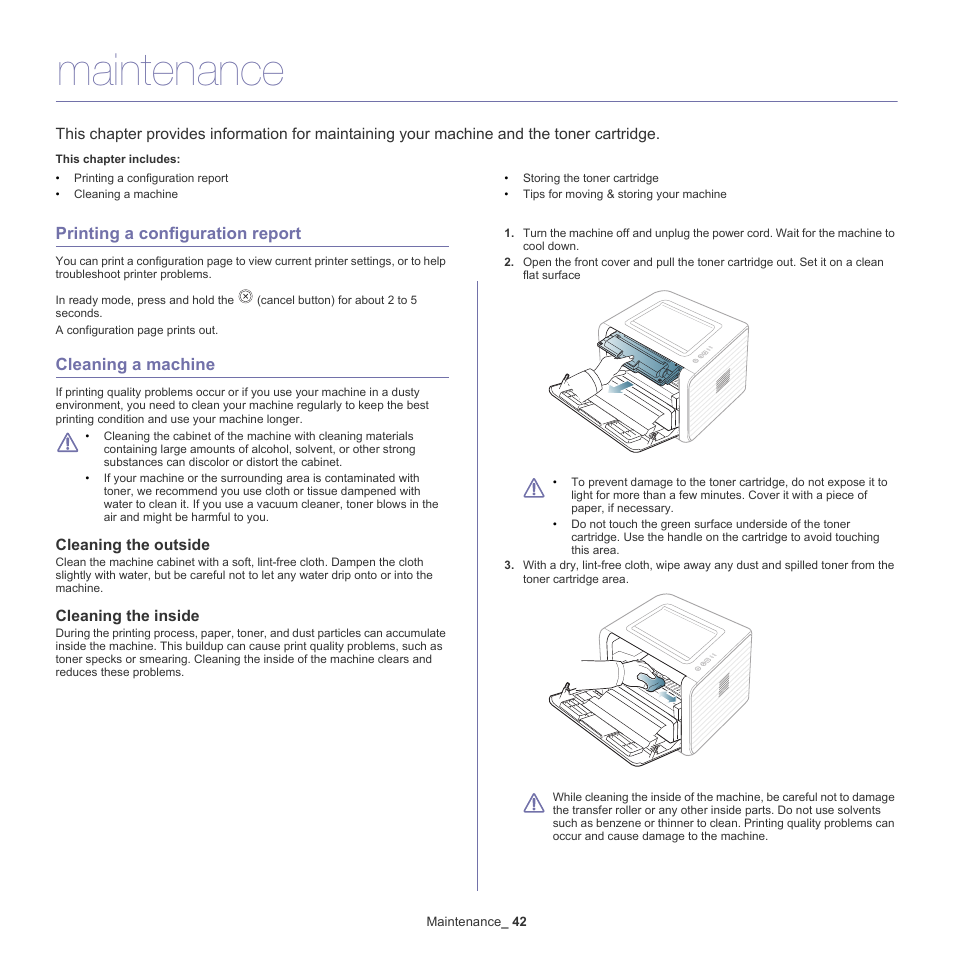 Maintenance, Printing a configuration report, Cleaning a machine | Cleaning the outside, Cleaning the inside | Samsung ML-2540-XAA User Manual | Page 42 / 66