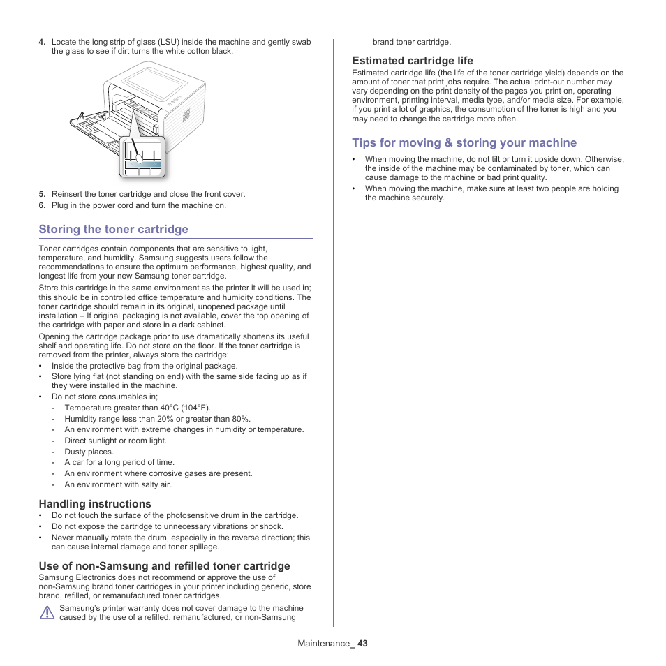 Storing the toner cartridge, Tips for moving & storing your machine, Handling instructions | Use of non-samsung and refilled toner cartridge, Estimated cartridge life | Samsung ML-2540-XAA User Manual | Page 43 / 66