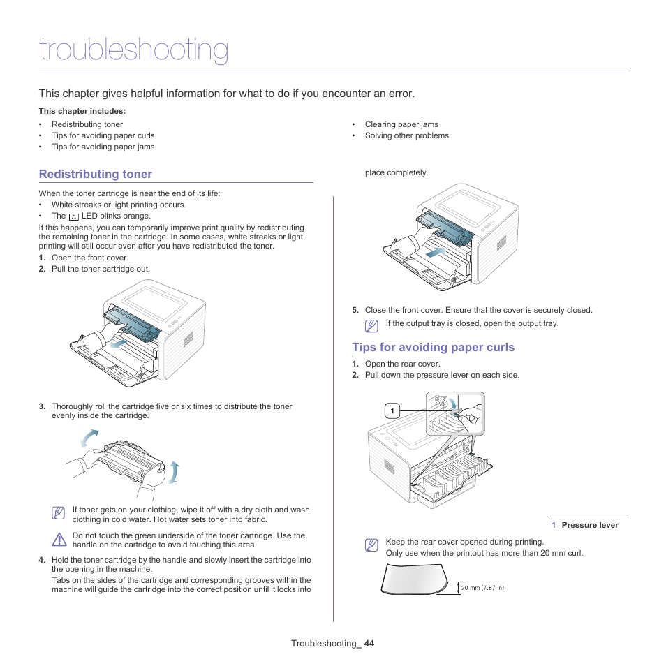 Troubleshooting, Redistributing toner, Tips for avoiding paper curls | Samsung ML-2540-XAA User Manual | Page 44 / 66