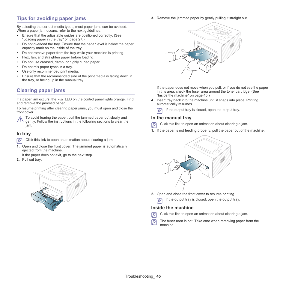 Tips for avoiding paper jams, Clearing paper jams, Clearing paper jams" on | Inside the machine | Samsung ML-2540-XAA User Manual | Page 45 / 66