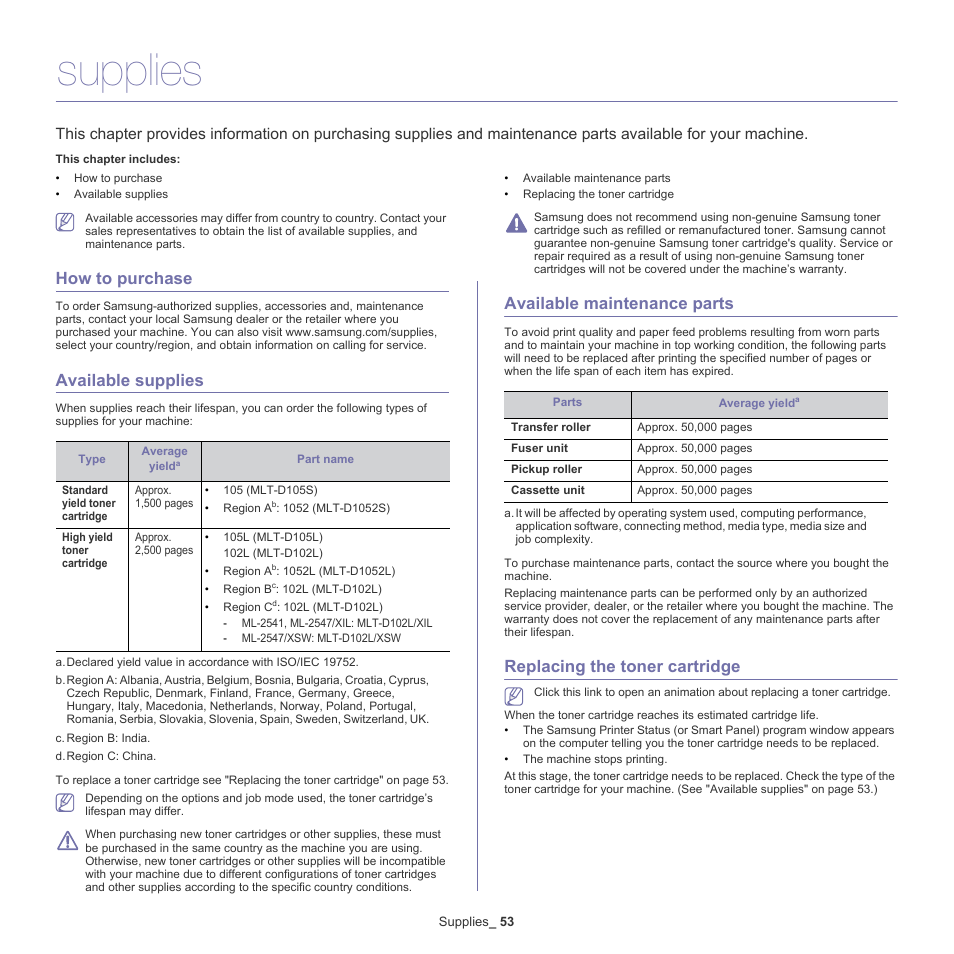 Supplies, How to purchase, Available supplies | Available maintenance parts, Replacing the toner cartridge, Cartridge. (see "replacing the toner, See "replacing the, See "replacing the toner, Replacing the toner, Replacing the toner cartridge" on | Samsung ML-2540-XAA User Manual | Page 53 / 66