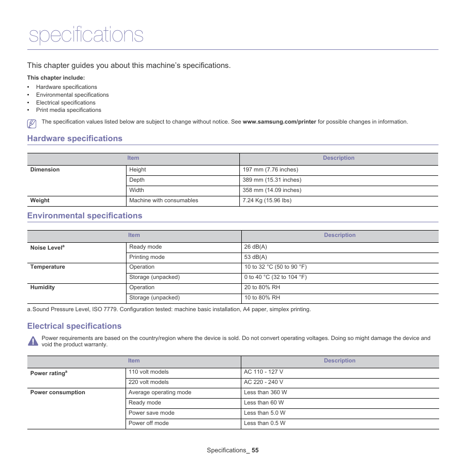 Specifications, Hardware specifications, Environmental specifications | Electrical specifications | Samsung ML-2540-XAA User Manual | Page 55 / 66