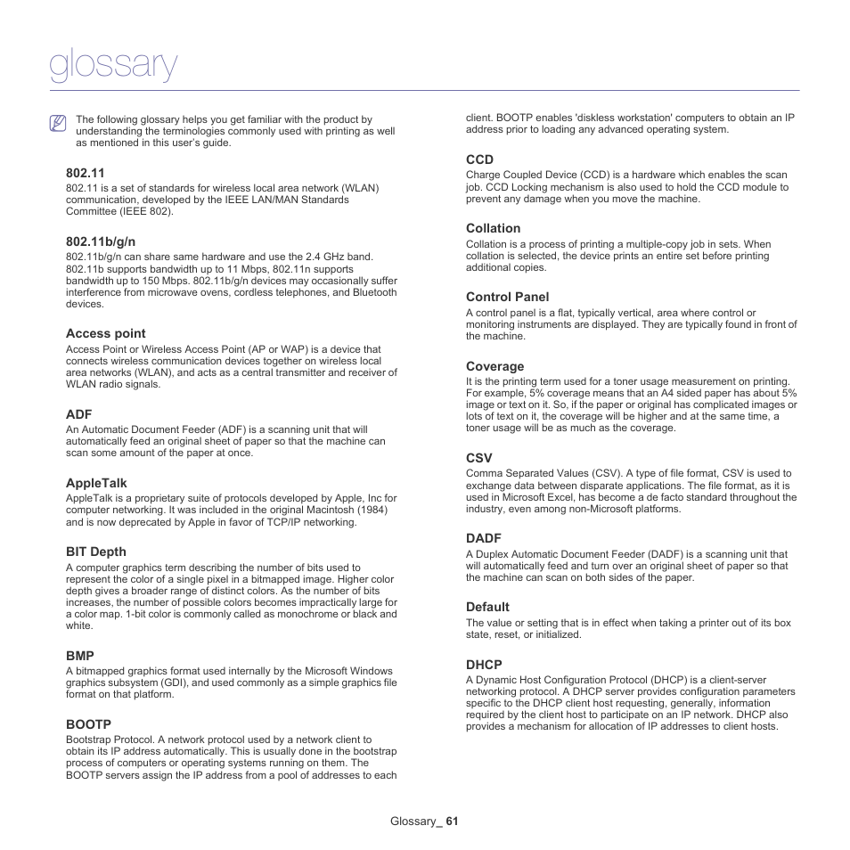 Glossary | Samsung ML-2540-XAA User Manual | Page 61 / 66