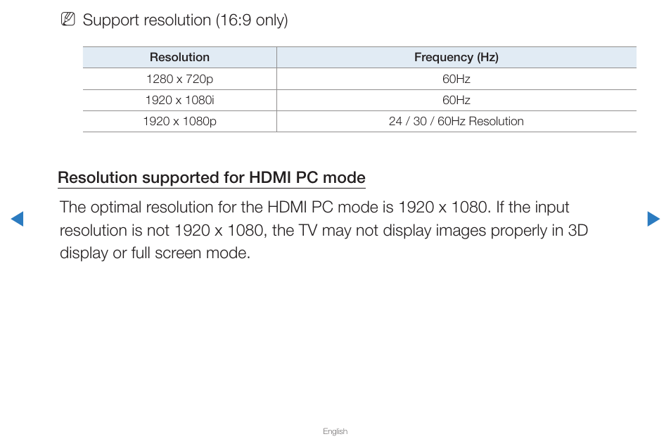 Support resolution (16:9 only) | Samsung PN59D6500DFXZA User Manual | Page 167 / 287