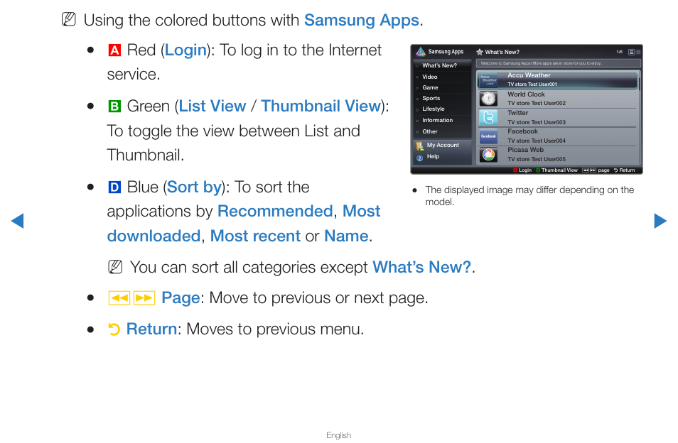 Using the colored buttons with samsung apps, Ared ( login ): to log in to the internet service, You can sort all categories except what’s new | Πµ page : move to previous or next page, Rreturn : moves to previous menu | Samsung PN59D6500DFXZA User Manual | Page 240 / 287