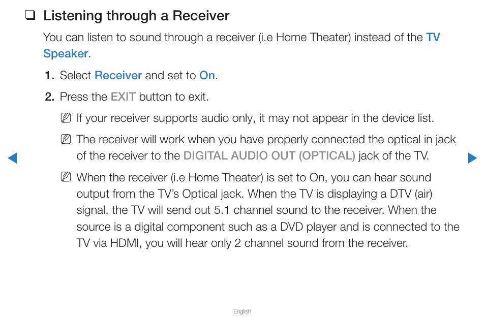 Listening through a receiver | Samsung PN59D6500DFXZA User Manual | Page 265 / 287