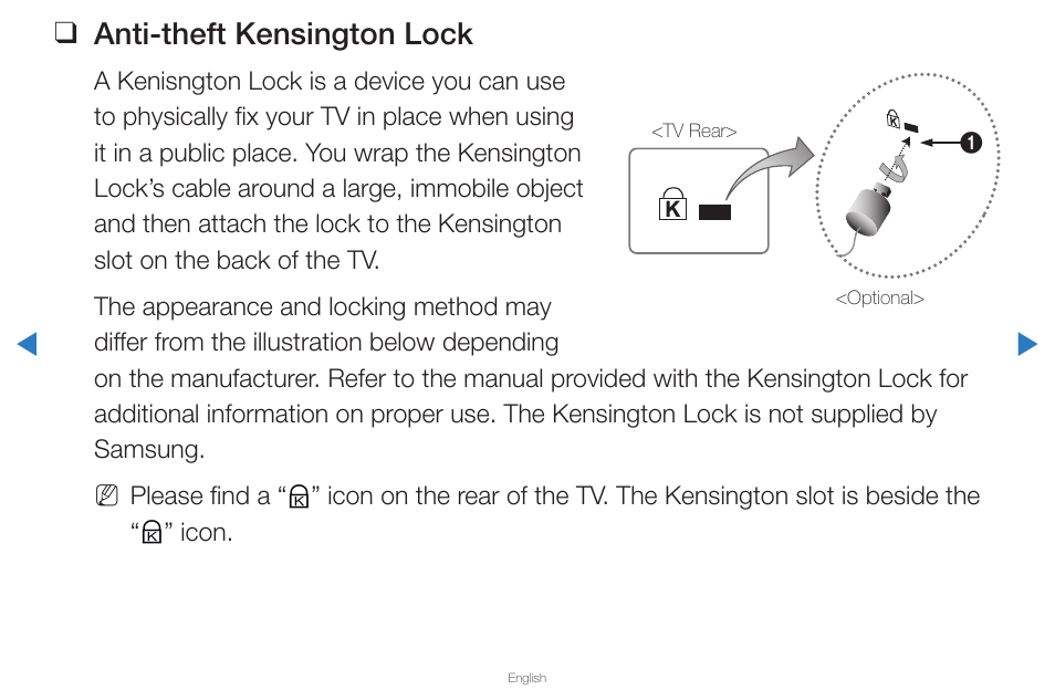 Anti-theft kensington lock | Samsung PN59D6500DFXZA User Manual | Page 284 / 287