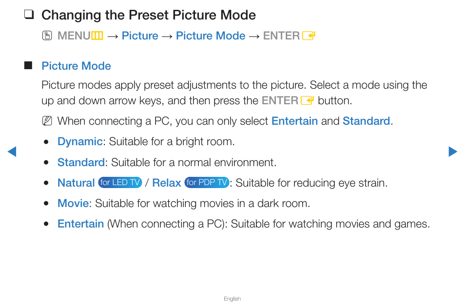 Basic features, Changing the preset picture mode | Samsung PN59D6500DFXZA User Manual | Page 31 / 287