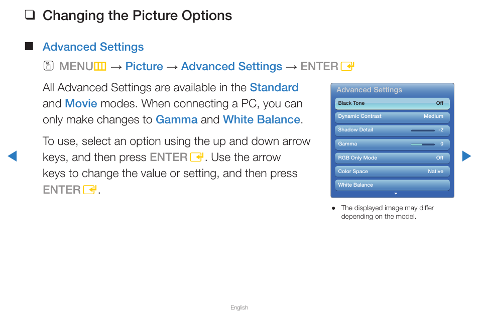 Changing the picture options, Advanced settings | Samsung PN59D6500DFXZA User Manual | Page 39 / 287