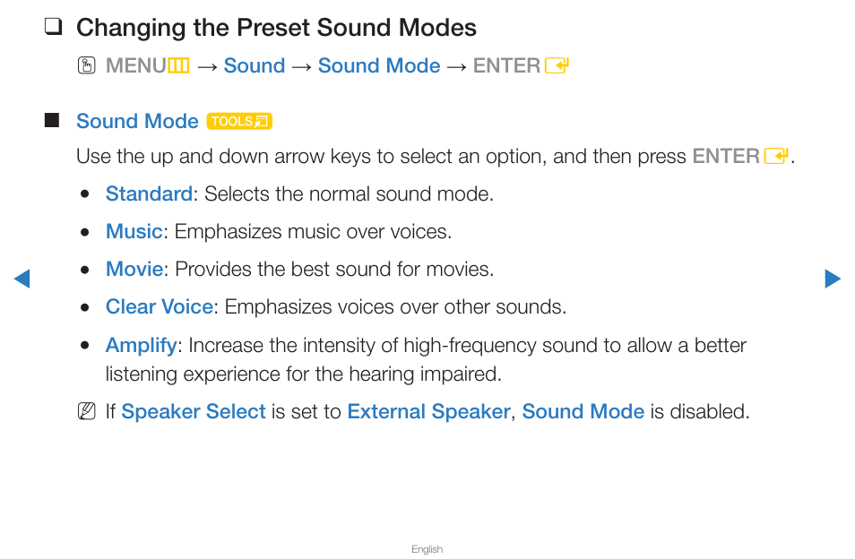 Changing the preset sound modes | Samsung PN59D6500DFXZA User Manual | Page 53 / 287