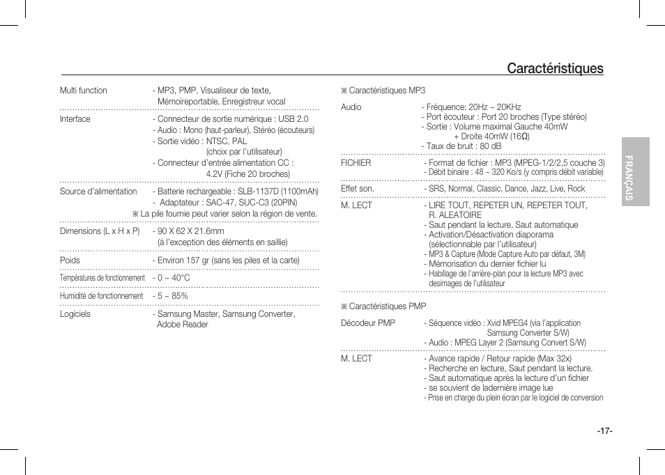 Caractéristiques | Samsung I80 User Manual | Page 38 / 62