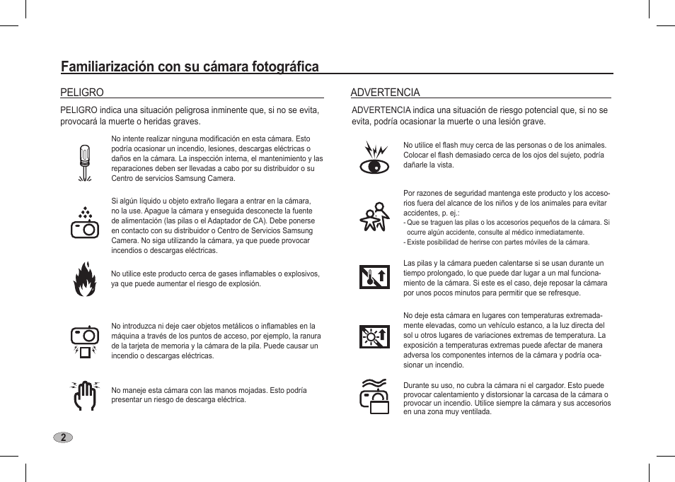 Familiarización con su cámara fotográfica, Peligro, Advertencia | Samsung I80 User Manual | Page 43 / 62