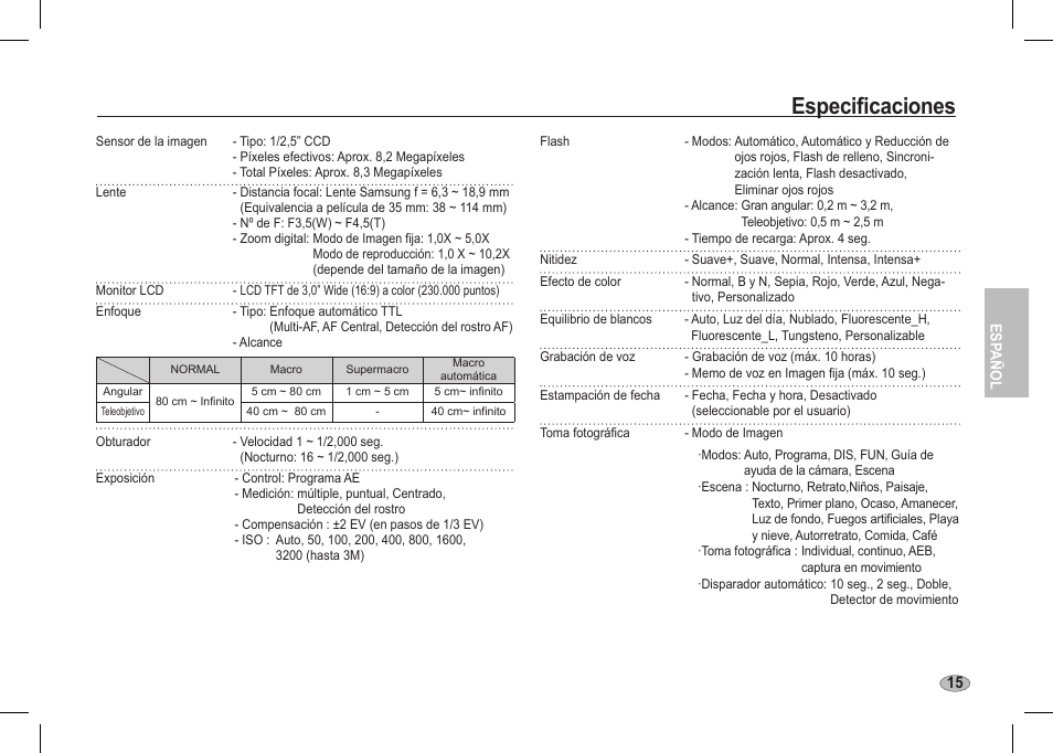 Especificaciones | Samsung I80 User Manual | Page 56 / 62