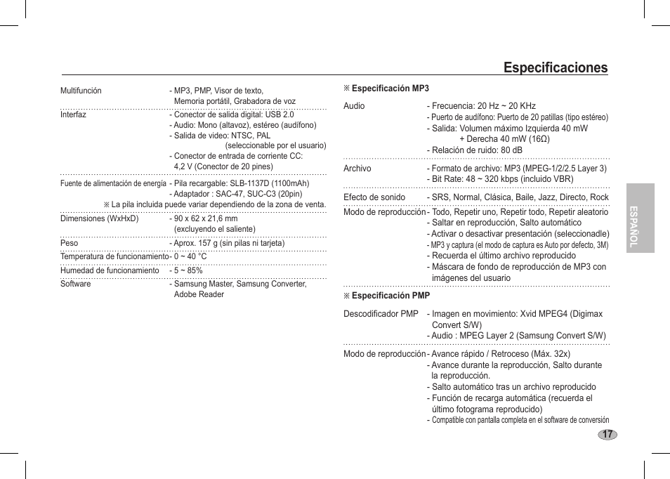 Especificaciones | Samsung I80 User Manual | Page 58 / 62