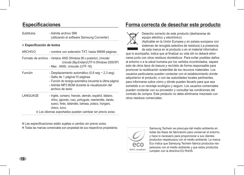 Forma correcta de desechar este producto, Especificaciones | Samsung I80 User Manual | Page 59 / 62