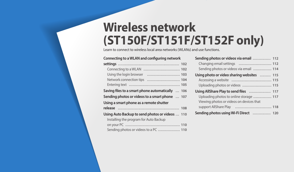 Wireless network (st150f/st151f/st152f only), Wireless network, St150f/st151f/st152f only) | Functions | Samsung EC-ST150FBPWPY User Manual | Page 102 / 155