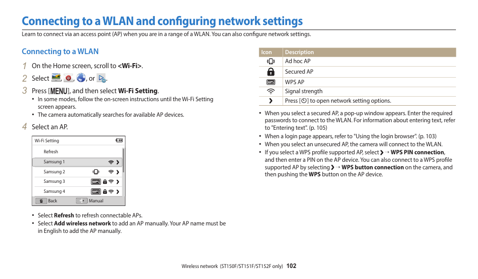 Connecting to a wlan | Samsung EC-ST150FBPWPY User Manual | Page 103 / 155