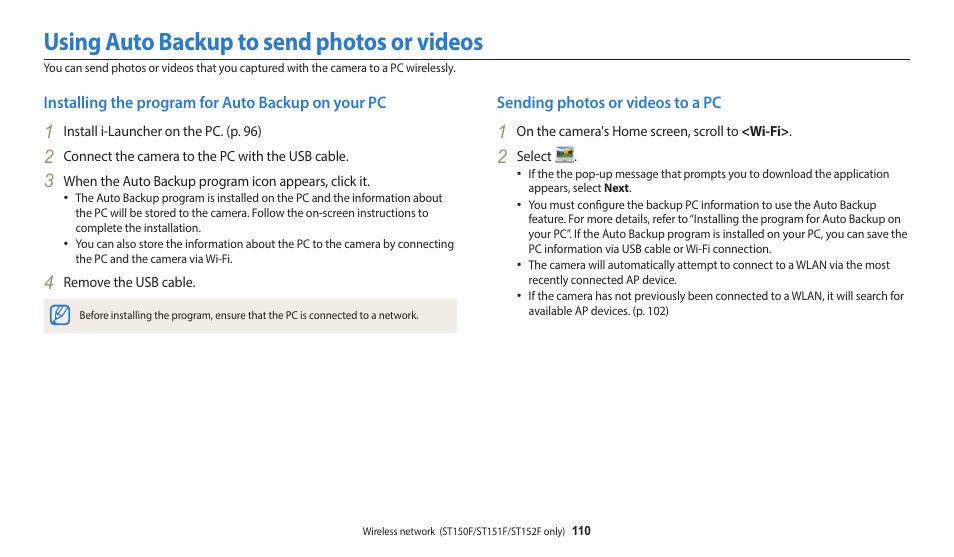 Using auto backup to send photos or videos, Installing the program for auto backup on your pc, Sending photos or videos to a pc | Samsung EC-ST150FBPWPY User Manual | Page 111 / 155