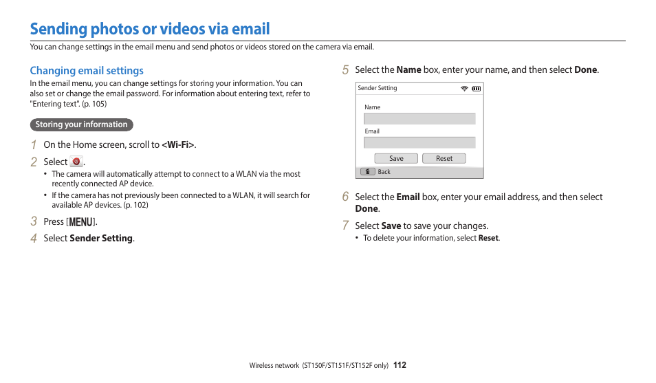 Sending photos or videos via email, Changing email settings | Samsung EC-ST150FBPWPY User Manual | Page 113 / 155