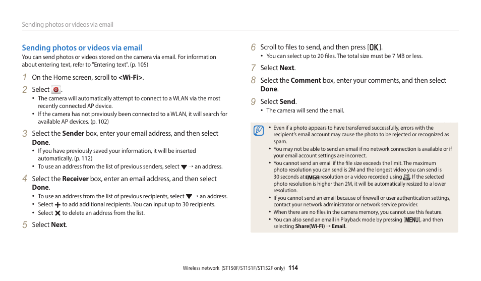 Sending photos or videos via email | Samsung EC-ST150FBPWPY User Manual | Page 115 / 155