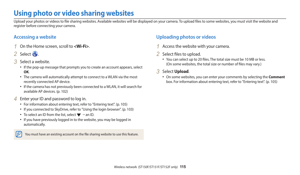 Using photo or video sharing websites, Accessing a website, Uploading photos or videos | Accessing a website uploading photos or videos | Samsung EC-ST150FBPWPY User Manual | Page 116 / 155