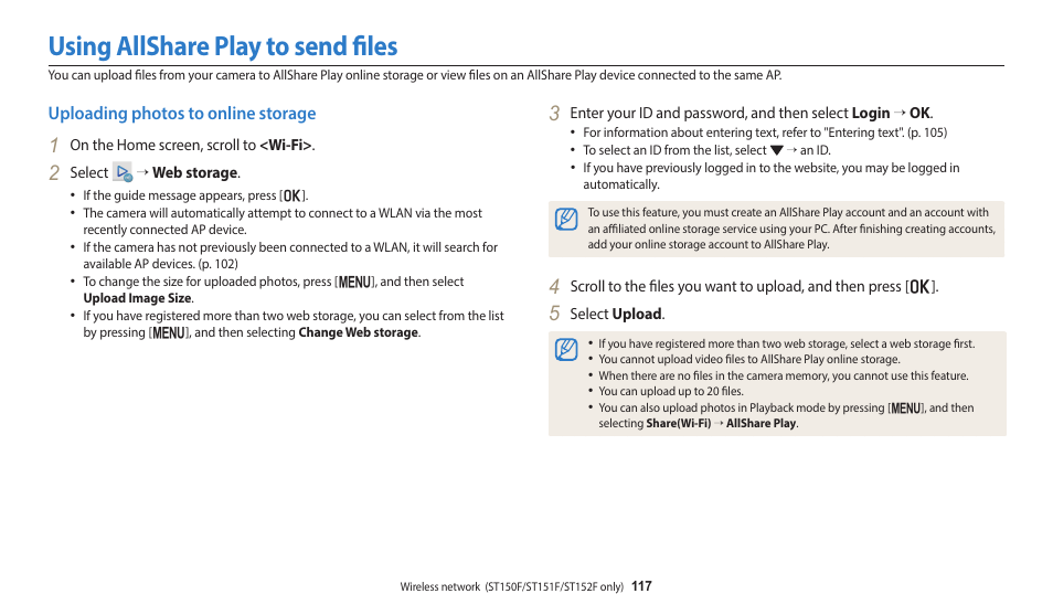 Using allshare play to send files, Uploading photos to online storage | Samsung EC-ST150FBPWPY User Manual | Page 118 / 155