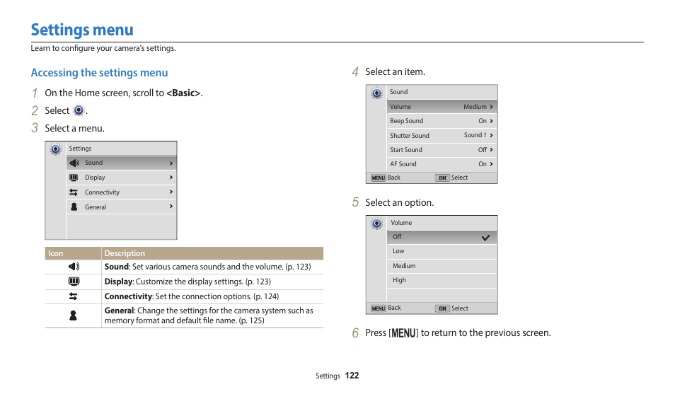 Settings menu, Accessing the settings menu | Samsung EC-ST150FBPWPY User Manual | Page 123 / 155