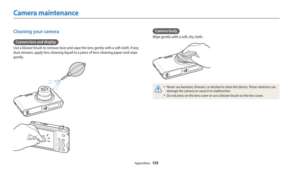 Camera maintenance, Cleaning your camera | Samsung EC-ST150FBPWPY User Manual | Page 130 / 155