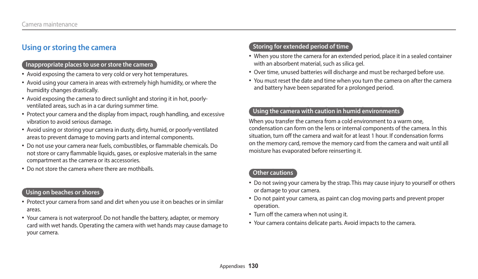 Using or storing the camera | Samsung EC-ST150FBPWPY User Manual | Page 131 / 155